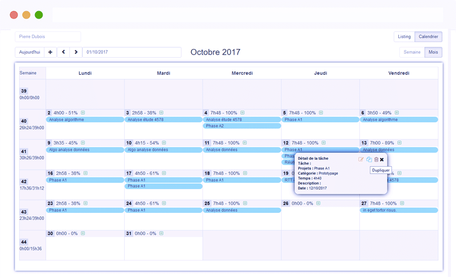 Module du logiciel feuilles de temps de LabOxy et calendrier des tâches
