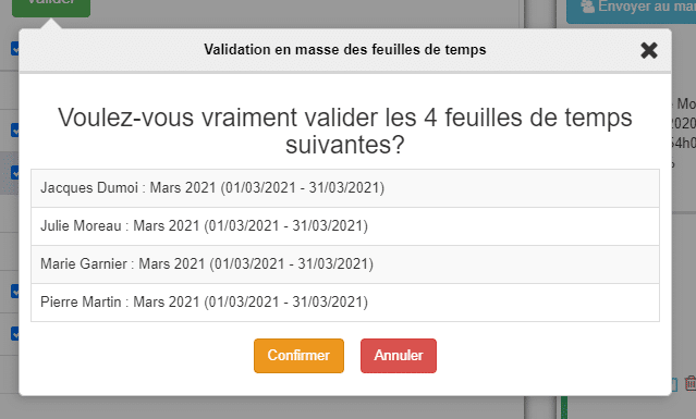 Fenêtre de validation en masse de feuilles de temps